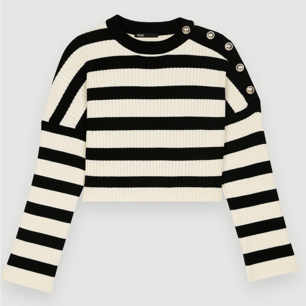 Maje Black and White Striped Crew Neck Sweater